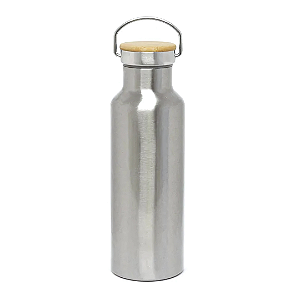 Garrafa Térmica de Aço Inox com Tampa de Bambu 500ml - Prata