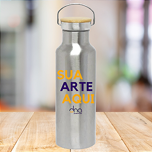 Garrafa Térmica de Aço Inox com Tampa de Bambu 500ml  Prata Personalizada "Sua Arte Aqui"