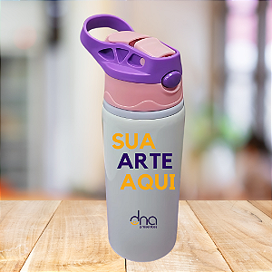 Garrafa Kids Alumínio Bico Retrátil Silicone Tampa Roxo e Rosa 600ml Personalizada "Sua Arte Aqui"