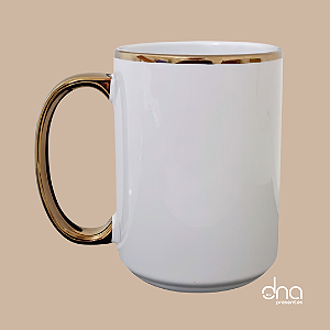 Caneca de Cerâmica Branca com Alça e Colarinho Cromada Dourada 440ml - Para Sublimação