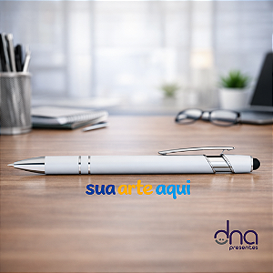 Caneta de Metal Brilhante com Detalhes Prata - Cor Branca - Sua Arte Aqui