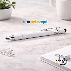 Caneta de Metal Brilhante com Detalhes Prata - Cor Branca - Sua Arte Aqui