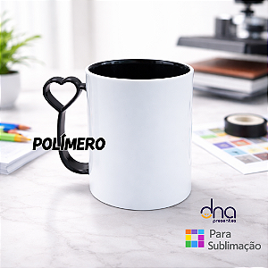 Caneca de Polímero Interior e Alça Coração Preta 325ml - Para Sublimação