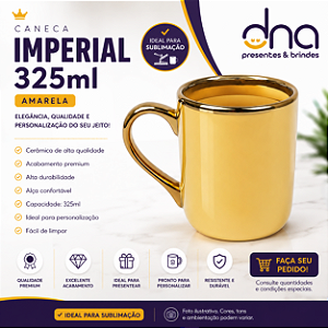 Caneca Amarela Imperial com Alça e Borda Cromado Dourada 325ml - Para Sublimação