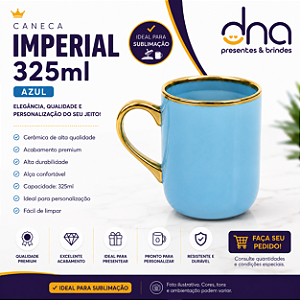 Caneca Azul Imperial com Alça e Borda Cromado Dourada 325ml - Para Sublimação