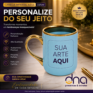 Caneca Azul Imperial com Alça e Borda Cromado Dourada 325ml - Sua Arte Aqui