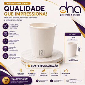 Copo de Papel Biodegradável Térmico 200ml - Kit 100 unidades - Sem Personalização