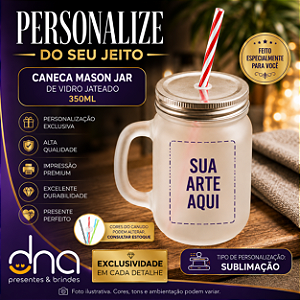 Caneca Mason Jar de Vidro Jateado 350ml - Sua Arte Aqui