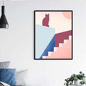 QUADRO DECORATIVO ABSTRATO ESCADA E GATO