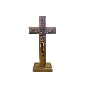 Crucifixo de Mesa 17cm Reto Madeira Com Melha de São Bento