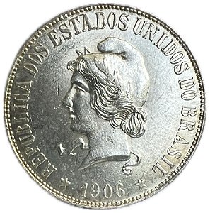 Moeda Antiga do Brasil 2000 Réis 1906 - "O" de "ORDEM" aberto