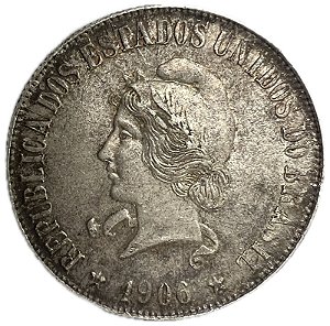 Moeda Antiga do Brasil 2000 Réis 1906 - "O" de "ORDEM" aberto