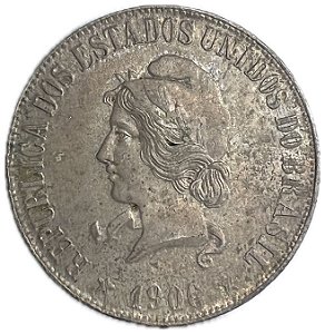 Moeda Antiga do Brasil 2000 Réis 1906 - "O" de "ORDEM" aberto