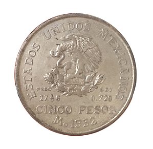 Moeda Antiga do México 5 Pesos 1952