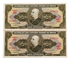 02 Cédulas Antigas do Brasil 5 Cruzeiros 1964 - Sequenciadas