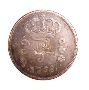 Moeda Antiga do Brasil 600 Réis 1758 R - SÉRIE J - COM CARIMBO DE ESCUDETE