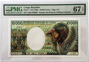 Cédula Antiga do Congo 10 000 Francs ND (1983) - Certificada pela PMG