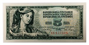 Cédula Antiga da Yugoslávia 5 Dinara 1968