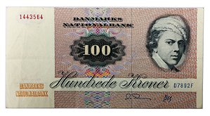 Cédula Antiga da Dinamarca 100 Kroner 1989