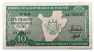 Cédula Antiga de Burundi 10 Francs 1991