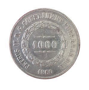 Moeda Antiga do Brasil 1000 Réis 1860 - DATA EMENDADA