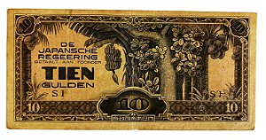 Cédula Antiga das Índias Orientais Holandesas 10 Gulden ND(1942) - Ocupação Japonesa