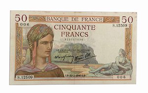 Cédula Antiga da França 50 Francs 1940