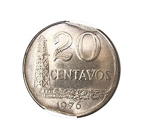 Moeda Antiga do Brasil 20 Centavos de Cruzeiro 1976 - Defeito de cunho