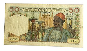 Cédula Antiga da África Ocidental Francesa 50 Francs 1944