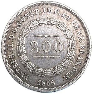 Moeda Antiga do Brasil Império 200 Réis 1856 - Coroa com Pérolas