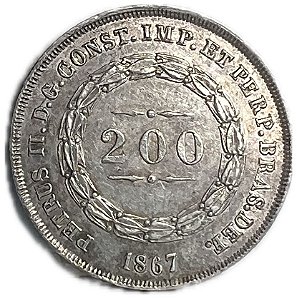 Moeda Antiga do Brasil Império 200 Réis 1867 - Coroa de Espinhos