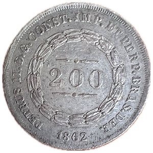 Moeda Antiga do Brasil Império 200 Réis 1862 - Coroa de Espinhos