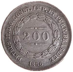 Moeda Antiga do Brasil Império 200 Réis 1856 - Coroa com Pérolas