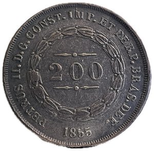 Moeda Antiga do Brasil Império 200 Réis 1855 - Coroa com espinhos