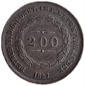 Moeda Antiga do Brasil Império 200 Réis 1857 - Coroa com pérolas