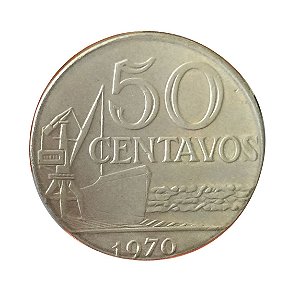 Moeda Antiga do Brasil 50 Centavos de Cruzeiro 1970 cunhada em disco de 20