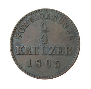Moeda Antiga da Alemanha 1/4 Kreuzer 1865