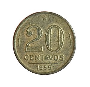 Moeda Antiga do Brasil 20 Centavos de Cruzeiro 1955 - Ruy Barbosa - Reverso Horizontal