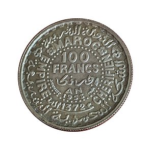 Moeda Antiga de Marrocos 100 Francs 1953