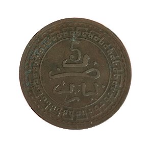 Moeda Antiga de Marrocos 5 Mazunas AH 1321 (1903)