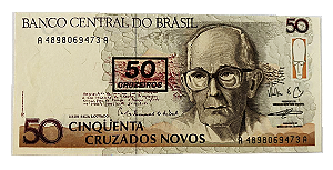 Cédula Antiga do Brasil 50 Cruzeiros 1990 - Carimbo - Carlos Drummond de Andrade