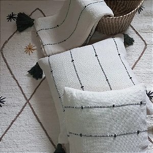 Jogo de Manta Decorativa Boho com Duas Capas de Almofadas 100% Algodão Cru e Verde