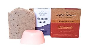 Kit Shampoo Sólido de Açaí e Condicionador de Pitaia - Força e Revitalização Capilar - Cabelos Danificados e Frágeis