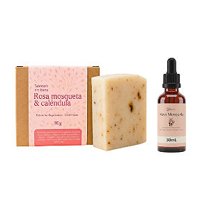 Kit Estimulador de colágeno - Óleo de Rosa Mosqueta Puro 30 mL + Sabonete Calêndula Clareador de Manchas e Estrias 90g