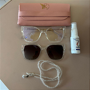 Kit Verão 🌴 - Clipon Maya transparente + Cordão + Limpa lentes – por R$199,00