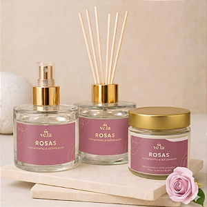 Kit Rosas - Difusor de Ambiente, Home Spray e Vela Aromática 240ml