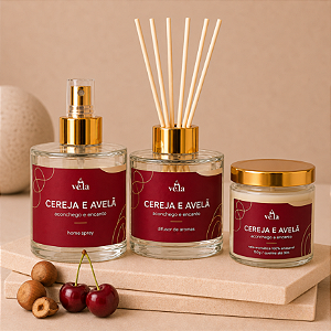 Kit Cereja e Avelã - Difusor de Ambiente, Home Spray e Vela Aromática 240ml