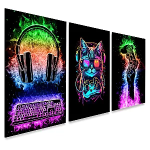 Kit 3 Quadros decorativos Quarto Gamer Neon