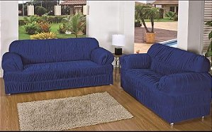 Kit Capa de Sofa 2 e 3 Lugares Padrão Elasticada Malha Gel Azul Escuro