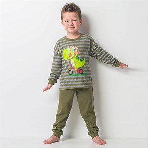 Pijama Infantil  Masculino Happy Nap Inverno Suedine Listrado Dinossauro Verde Militar